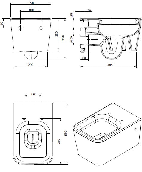 Конзолна тоалетна Advance Black Soft Close Sandindusa - технически чертеж и размери за онлайн магазин за обзавеждане за бани KERANOVA