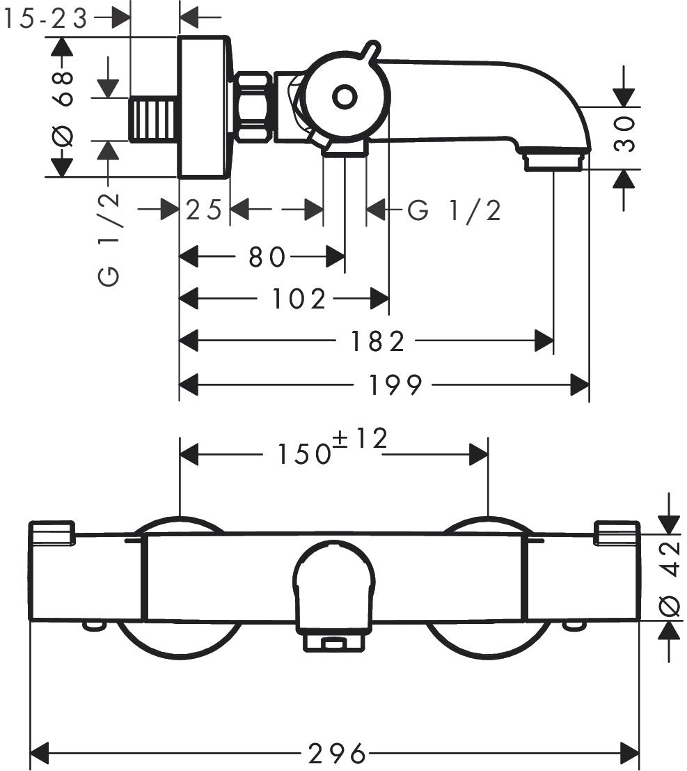 Hansgrohe Ecostat 1001 CL термостатен смесител за вана и душ - монтажни размери и технически схеми за KERANOVA онлайн магазин