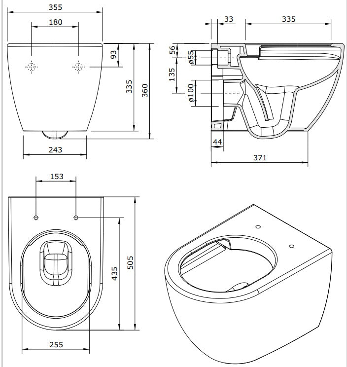 Rimless конзолна тоалетна Sanibold Rimflush Sandindusa - технически чертеж с размери за онлайн магазин KERANOVA