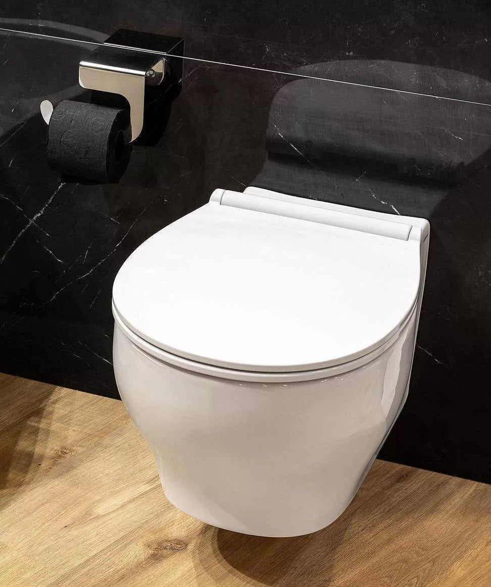 Rimless конзолна тоалетна Sanproject Rimflush Sandindusa - бяла конзолна тоалетна с ултратънка седалка, римлес технология, KERANOVA онлайн магазин