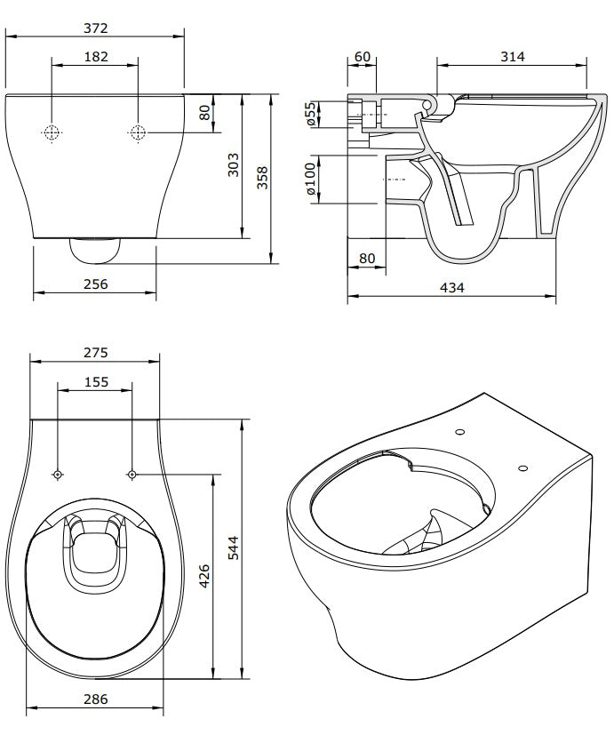 Rimless конзолна тоалетна Sanproject Rimflush Sandindusa технически чертеж с размери за онлайн магазин KERANOVA
