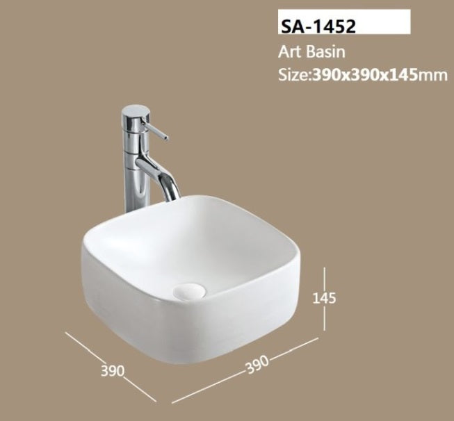 Купа SA-1452 39х39 см. OUTLET - бяла порцеланова мивка за баня върху плот, 39x39x14,5 см, без преливник.