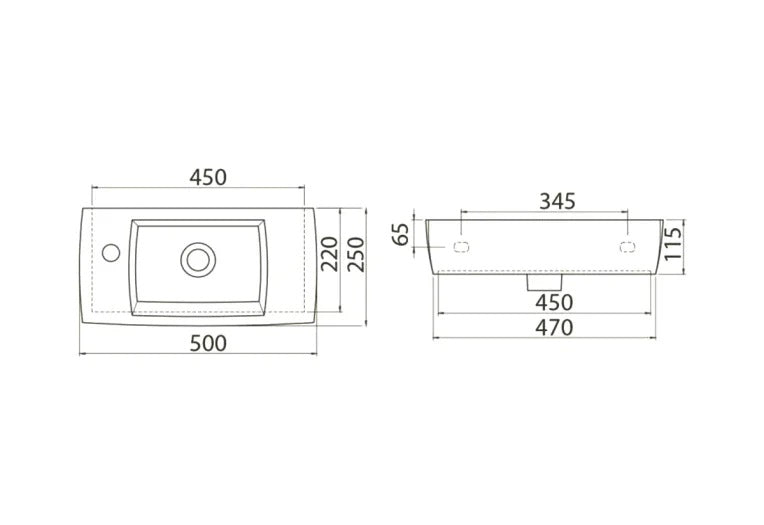 Мебелна мивка City 50х25 см. - лява и дясна. Технически чертеж с размери 500x250x115 мм, ляв/десен отвор за смесител, монтаж на стена или мебел, KERANOVA