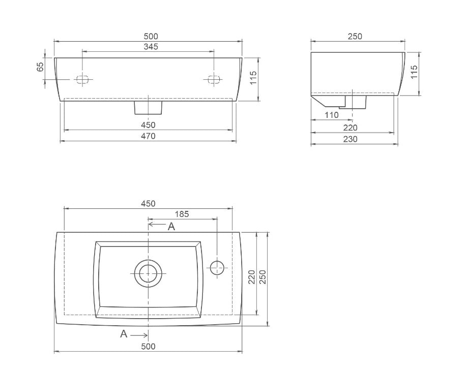 Мебелна мивка City 50х25 см. - лява и дясна, технически чертеж с размери 50x25x11,5 см за онлайн магазин KERANOVA