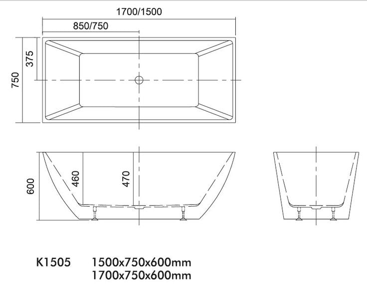Свободностояща вана Keres Bianco Lucido 150х75 и 170х80 см. Технически чертеж с размери 1500x750x600 и 1700x750x600 мм за онлайн магазин KERANOVA