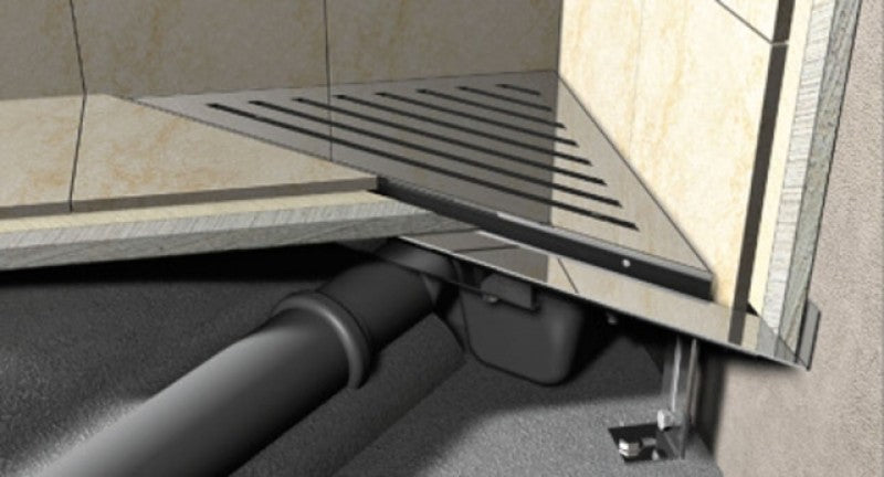 Ъглов подов сифон с неръждаема стомана решетка, страничен изход Ф50 мм, триъгълен банен сифон KERANOVA (Произход Чехия)