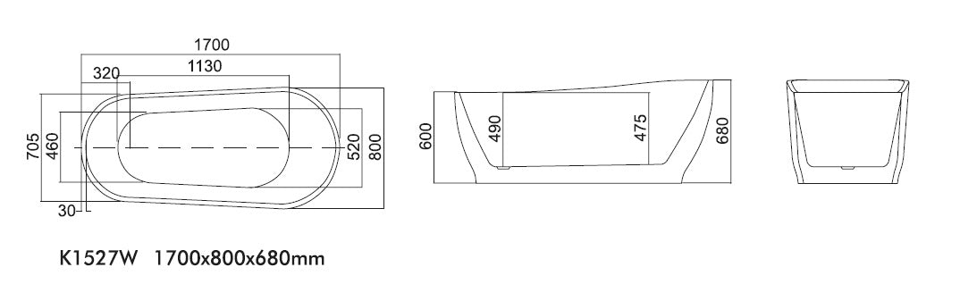 Свободно стояща ЧЕРНА вана 170х80 см. - схема с размери 1700x800x680 мм за онлайн магазин KERANOVA