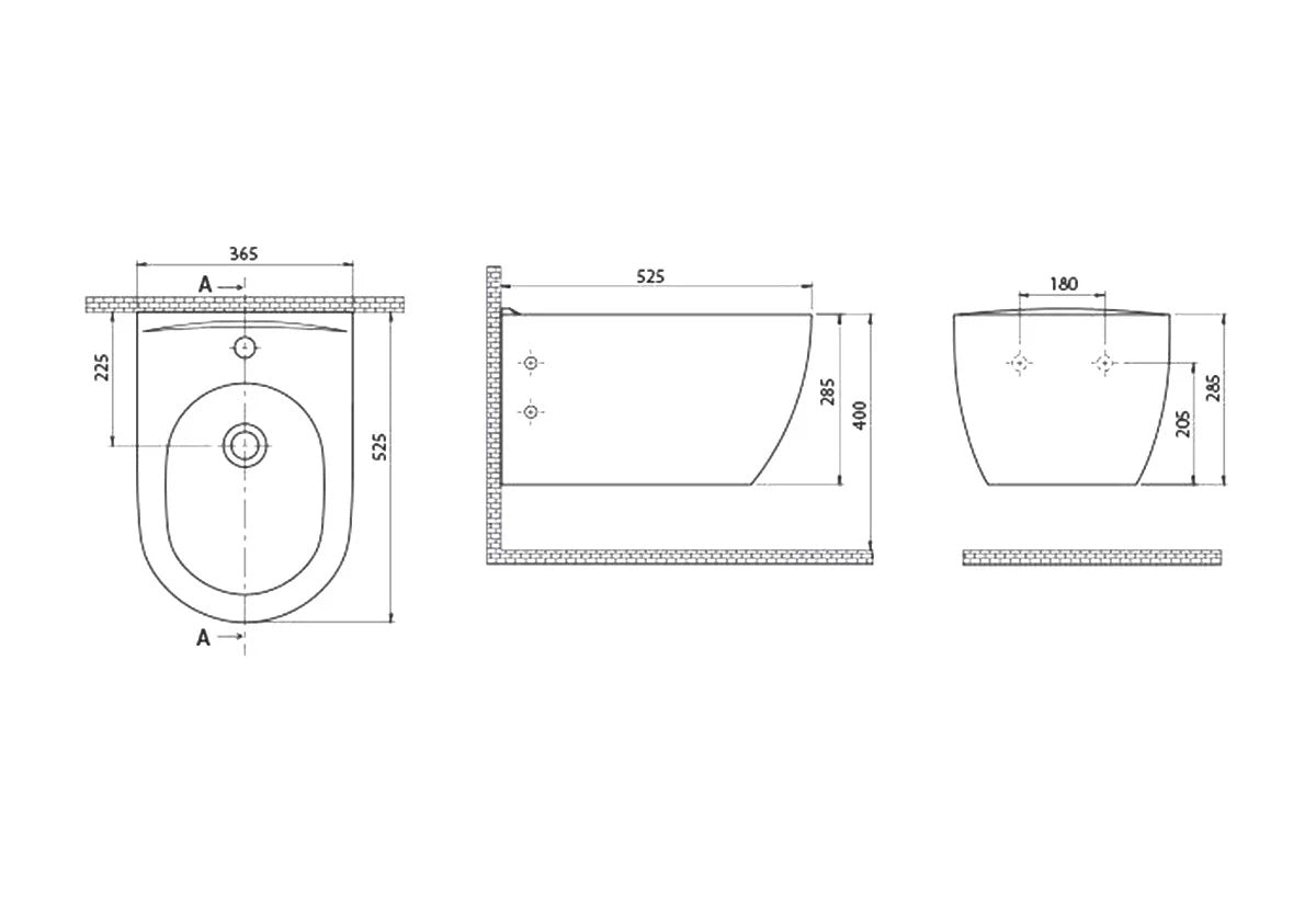 Биде за стенен монтаж City Turkuaz - технически чертеж и размери, онлайн магазин за обзавеждане за бани KERANOVA