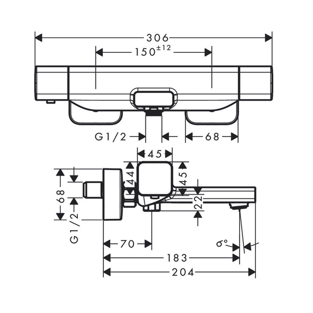 Hansgrohe Ecostat E термостатен смесител за вана и душ - технически размери и схема, стенен хром, модел 15774000 за KERANOVA