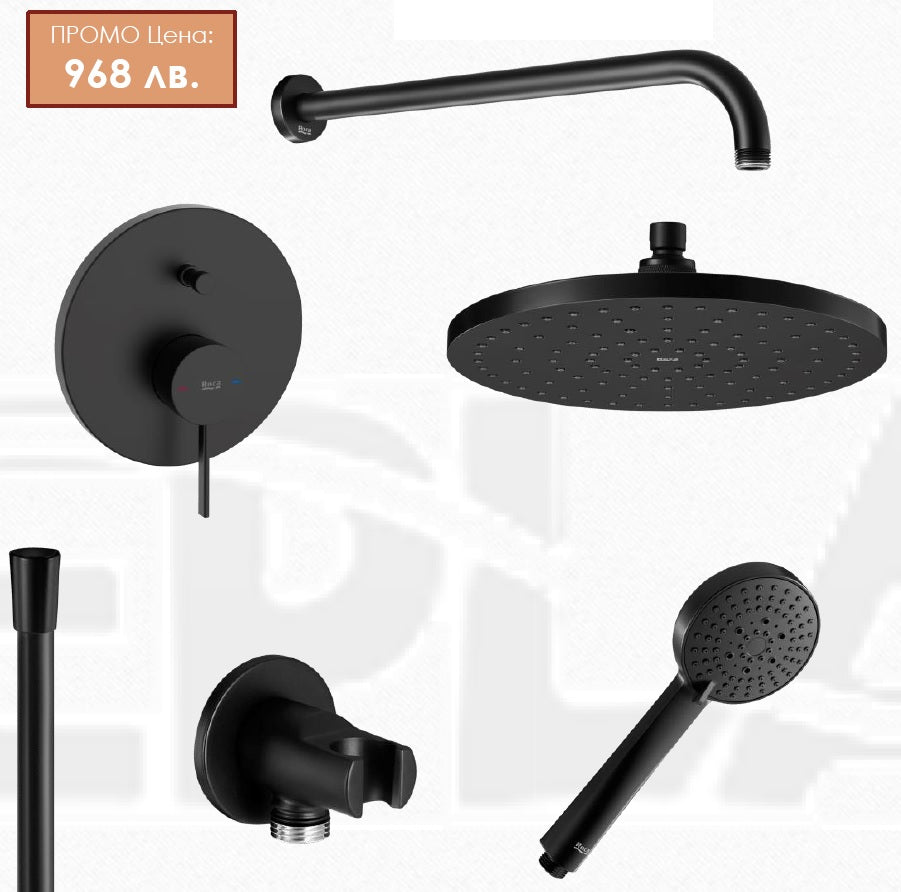 Вграден комплект Cala Ona - черен мат: вграден смесител, душ глава Ø250 мм, слушалка Stella-N, шлаух 170 см за баня KERANOVA