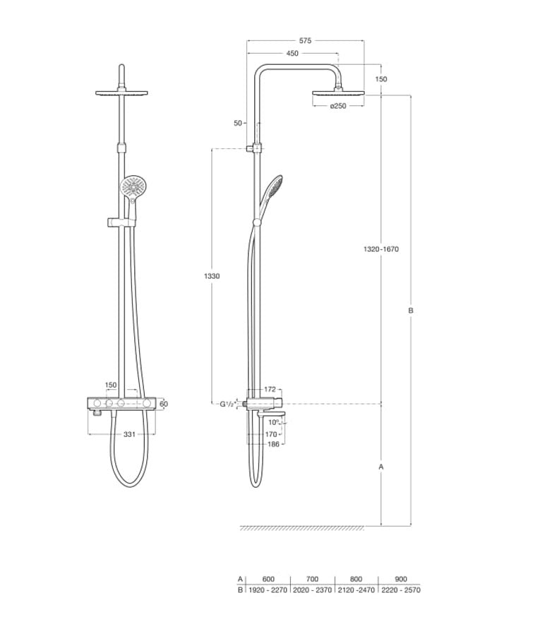 Index-T Switch Roca колона с термостат, чучур и кръгла пита - технически чертеж и размери на душ колона, хром, KERANOVA онлайн магазин