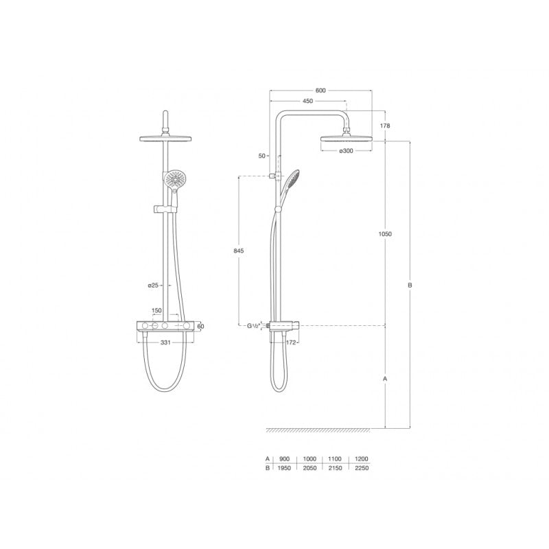 Index-T Switch Roca колона с термостат и кръгла пита – технически чертеж с размери, стенен душ с термостат, кръгла пита Ø30 см, хром, KERANOVA онлайн магазин