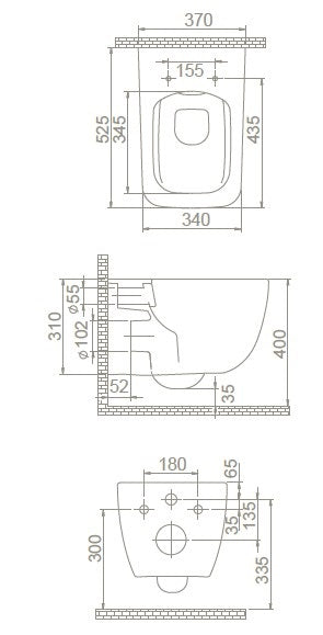 Конзолна тоалетна Aqua Rimless - опция биде, технически скица с размери за онлайн магазин за обзавеждане за бани KERANOVA