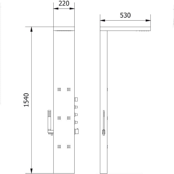 Душ панел DUPLO - Salgar, технически чертеж с размери 1540x220x530 мм, полирана неръждаема стомана, термостатичен смесител
