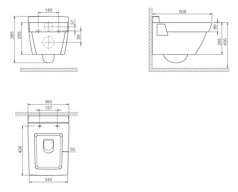 Конзолна тоалетна Mona - опция биде технически чертеж с размери за онлайн магазин KERANOVA