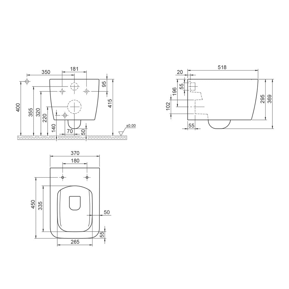 Конзолна тоалетна Hera Rimless Black Matte - опция биде технически чертеж с размери за монтаж в онлайн магазин KERANOVA