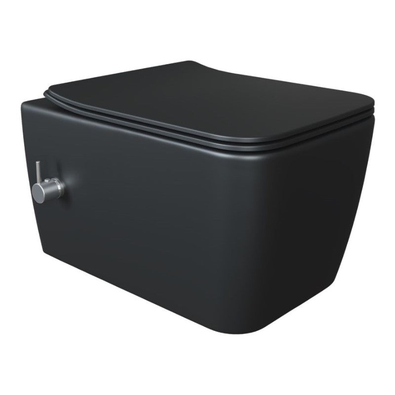 Конзолна тоалетна Hera Rimless Black Matte - вградено биде и смесител, матова черна окачена тоалетна за KERANOVA