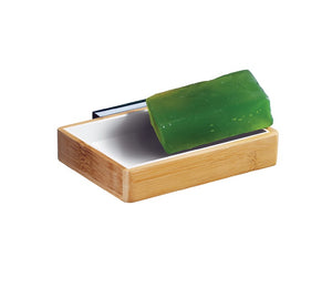 1906 стенна сапунерка от бамбук с бяла подложка и зелен сапун – KERANOVA онлайн магазин за обзавеждане за бани