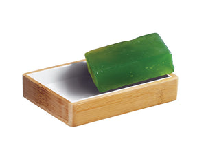 1910 стояща сапунерка от бамбук с бял вътрешен поднос и зелен сапун — онлайн магазин за обзавеждане KERANOVA