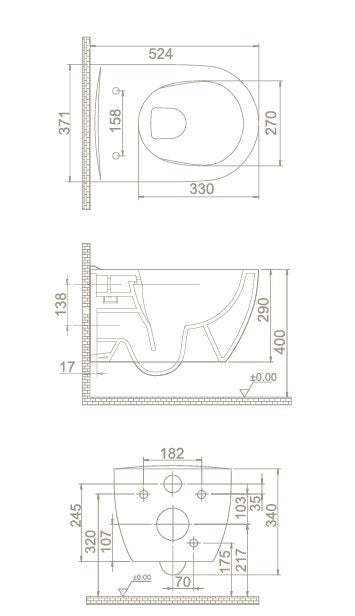 Конзолна тоалетна City Rimless Turkuaz - опция биде, технически чертеж с размери за онлайн магазин KERANOVA