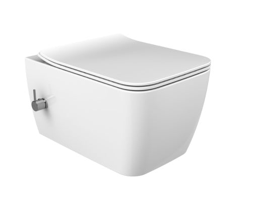 Конзолна тоалетна Hera Rimless - вградено биде и смесител, окачена бяла тоалетна Hera Rimless за онлайн магазин KERANOVA