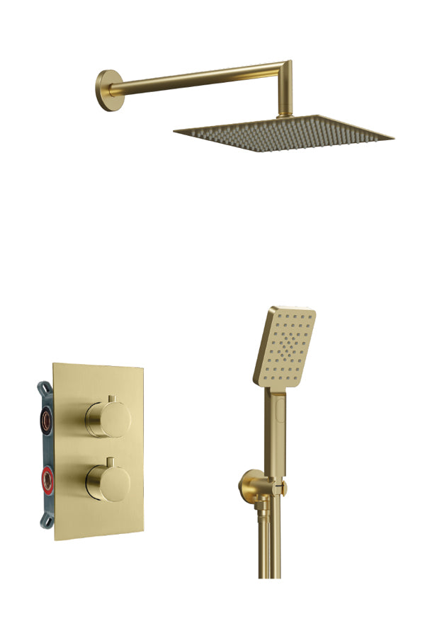 Вградена душ система с термостат Alpha Therm Brushed Gold - Aquagrif метална квадратична душ пита и ръчен душ за онлайн магазин KERANOVA