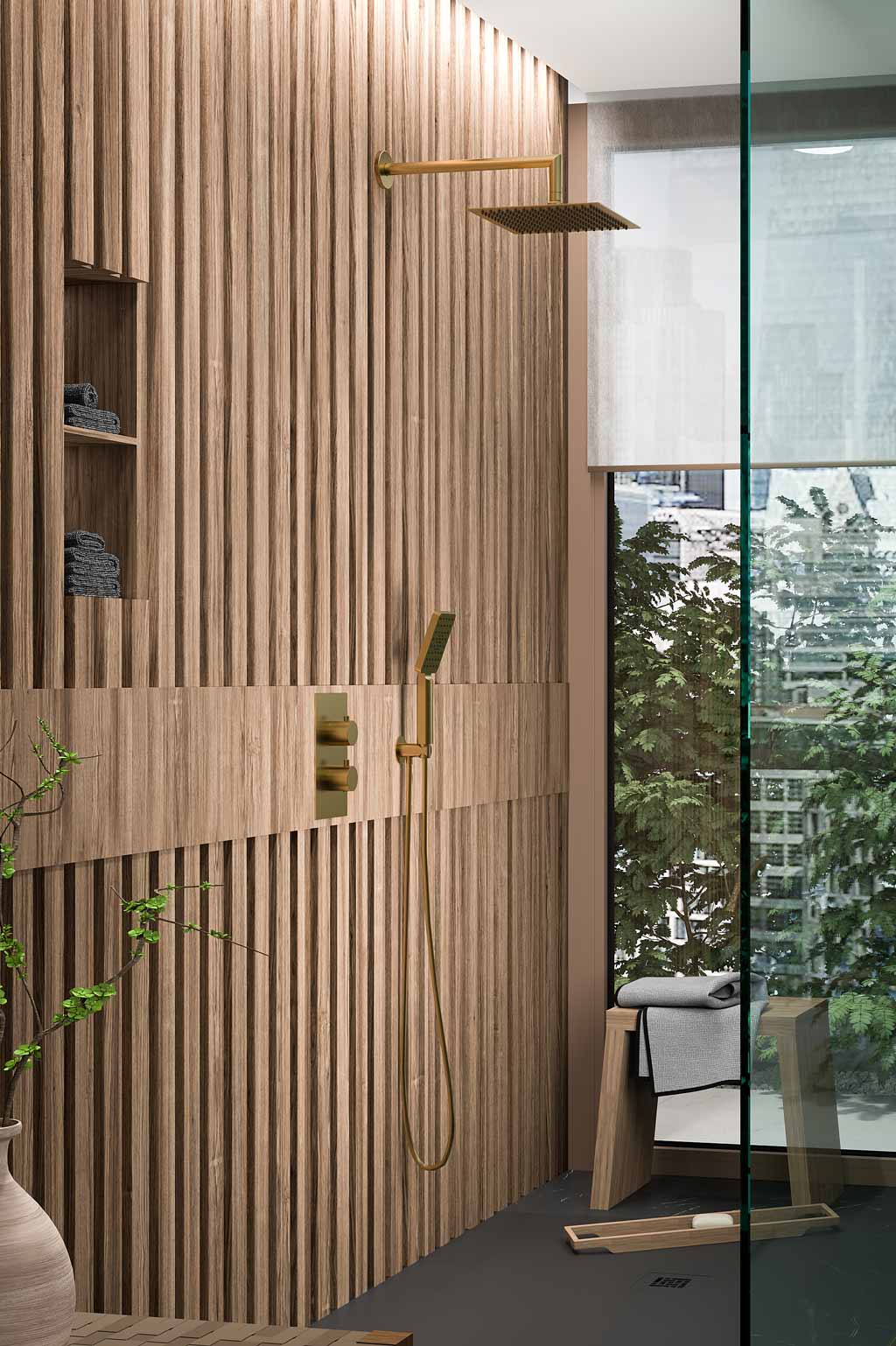 Вградена душ система с термостат Alpha Therm Brushed Gold - Aquagrif в златно, метална душ пита и ръчен душ за баня KERANOVA