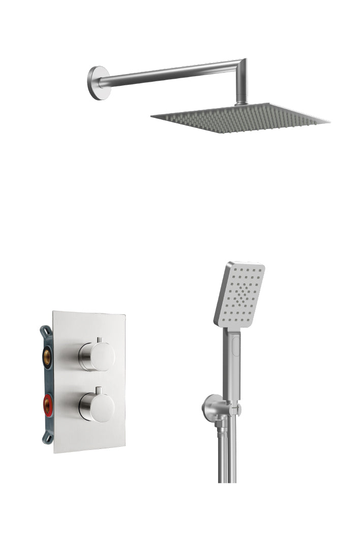 Вградена душ система с термостат Alpha Therm Satin Nickel - Aquagrif, сатен никел, квадратна душ пита и ръчен душ, KERANOVA