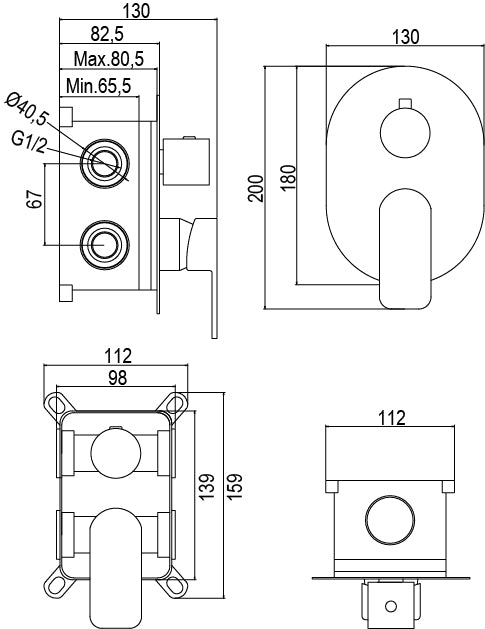 Вградена душ система Beta - Aquagrif технически чертеж с размери за онлайн магазин KERANOVA