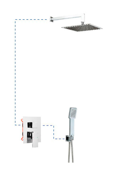 Вградена душ система Bold - Aquagrif: квадратна метална душ пита 25x25 см, стенна тръба, вградено тяло с два изхода и ръчен душ за KERANOVA онлайн магазин