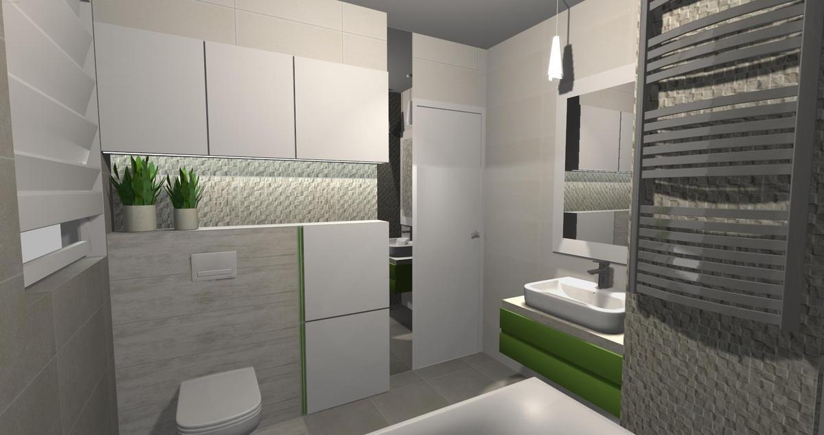 Баня Timbre 29.8x59.8 - модерен банен интериор с бели шкафове, зелени акценти и плочки от Полша в онлайн магазин KERANOVA