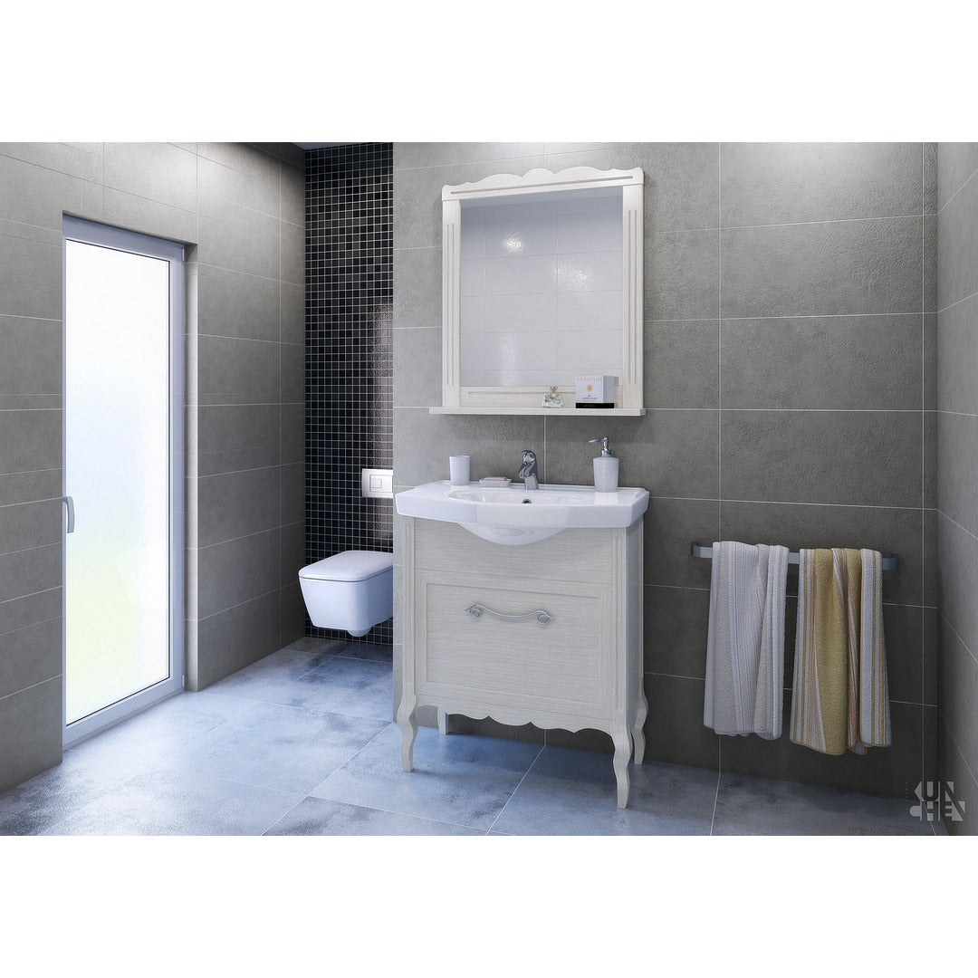 Мебел от масив Диана 80 см. бяла гланцова баня комплект KERANOVA с порцеланова мивка, огледало с полица и долен шкаф на крака