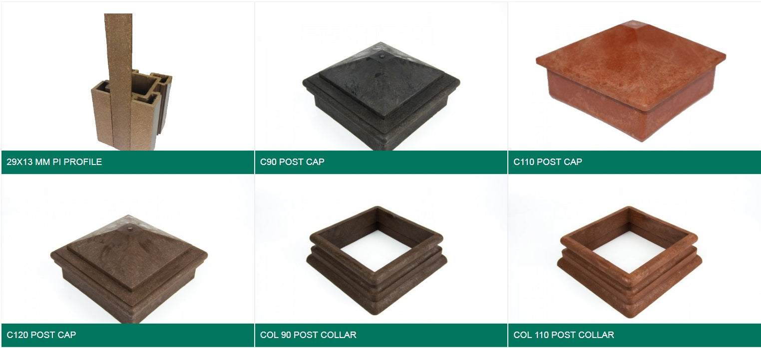 WPC елементи за огради, парапети, беседки и перголи - комплект WPC капаци и яки за колони в различни цветове за екстериорни конструкции