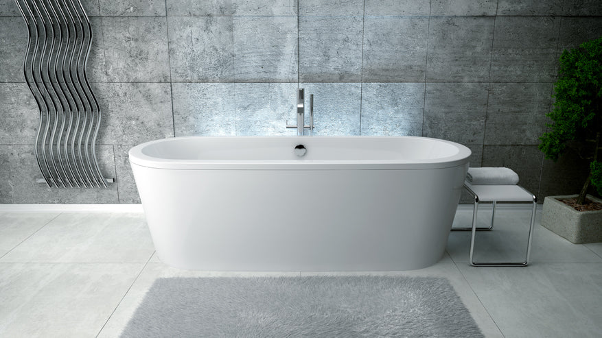 Alt Tag: Свободно стояща вана Victoria 160х75 и 185х83 см. - бяла композитна вана във модерен баня интериор, онлайн магазин за обзавеждане за бани KERANOVA