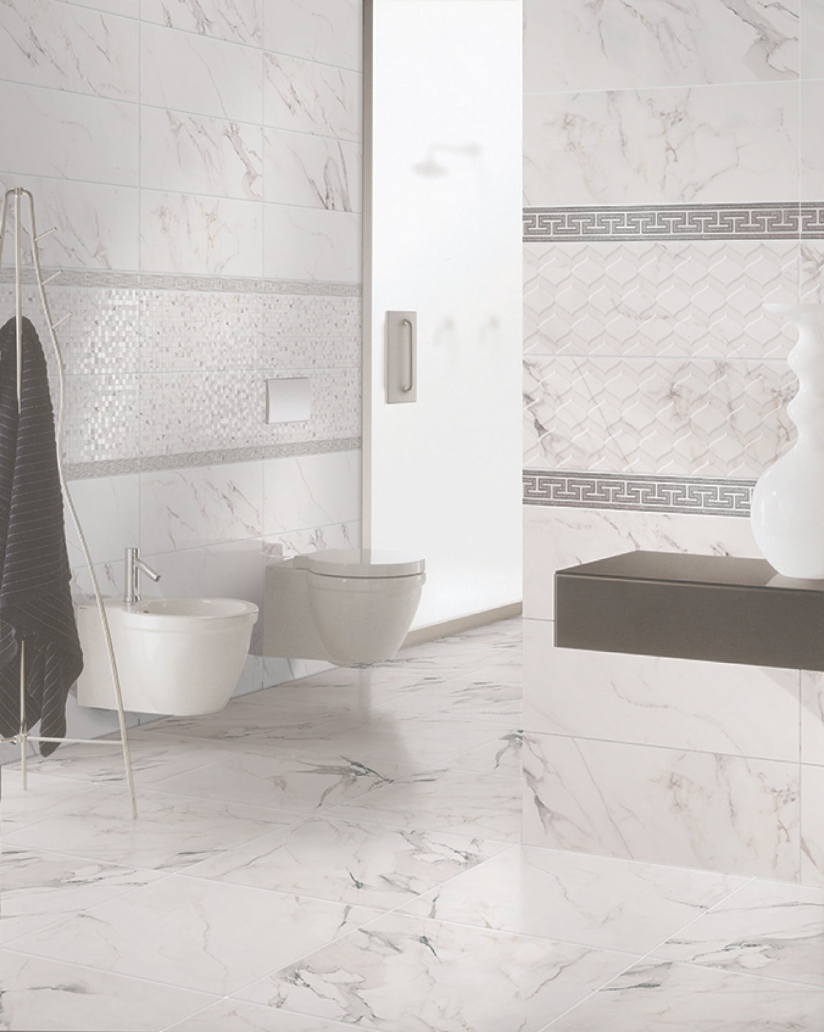 Баня Marmo Borghini 25x65 - турска серия плочки за баня от KERANOVA, бял мраморен дизайн, 25x65 см