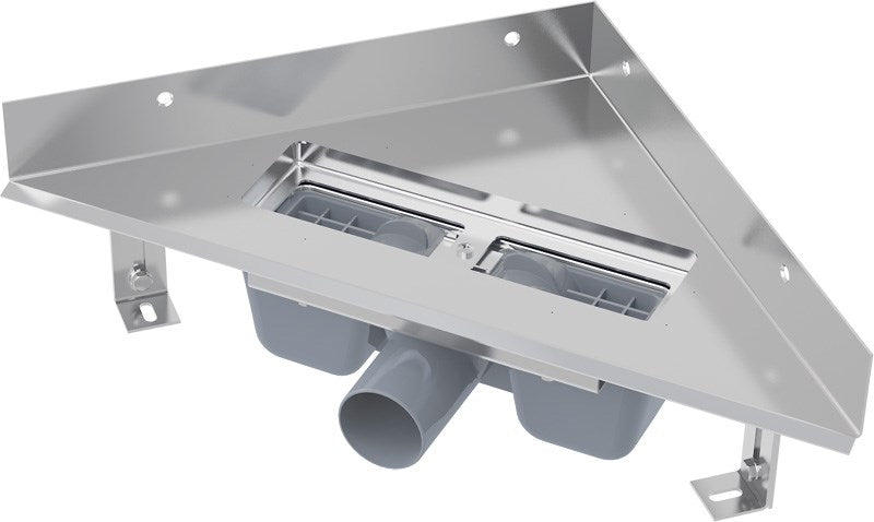 Ъглов подов сифон с неръждаема стомана, страничен изход Ф50 мм, триъгълен подов сифон за баня - KERANOVA онлайн магазин