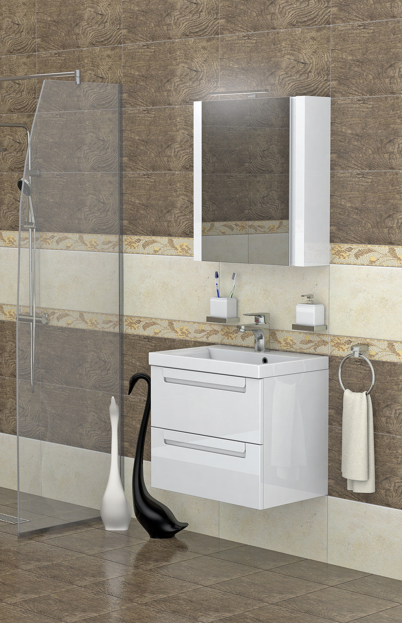 Серия Freya 60 см. бял мебелен комплект за баня с LED огледало, мивка Moduo Slim 60x38 см, soft close, KERANOVA