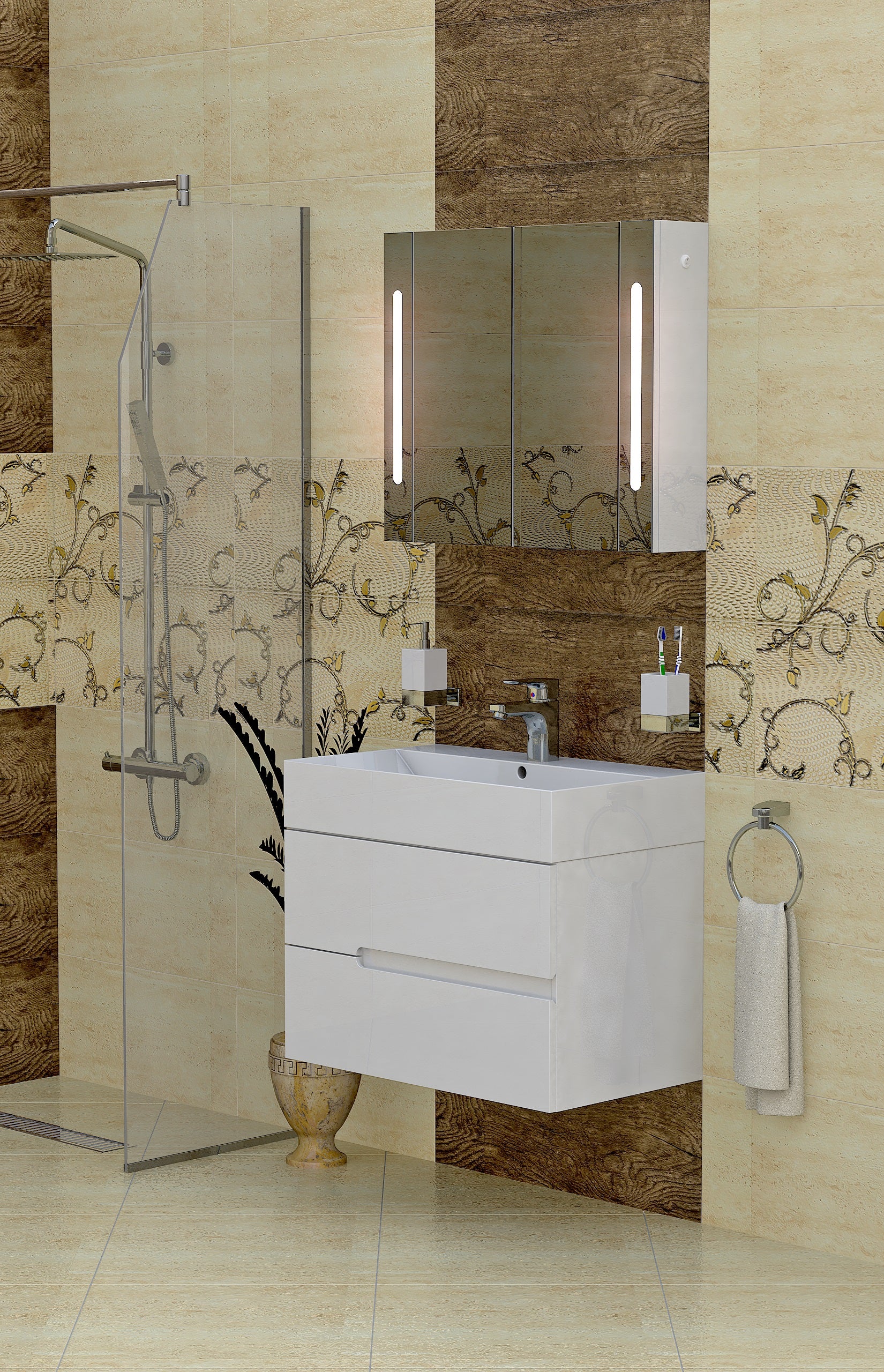 Серия Gala 70 см. бяла мебелна мивка ESVIT 700 с LED огледален шкаф, soft close механизми - KERANOVA онлайн магазин