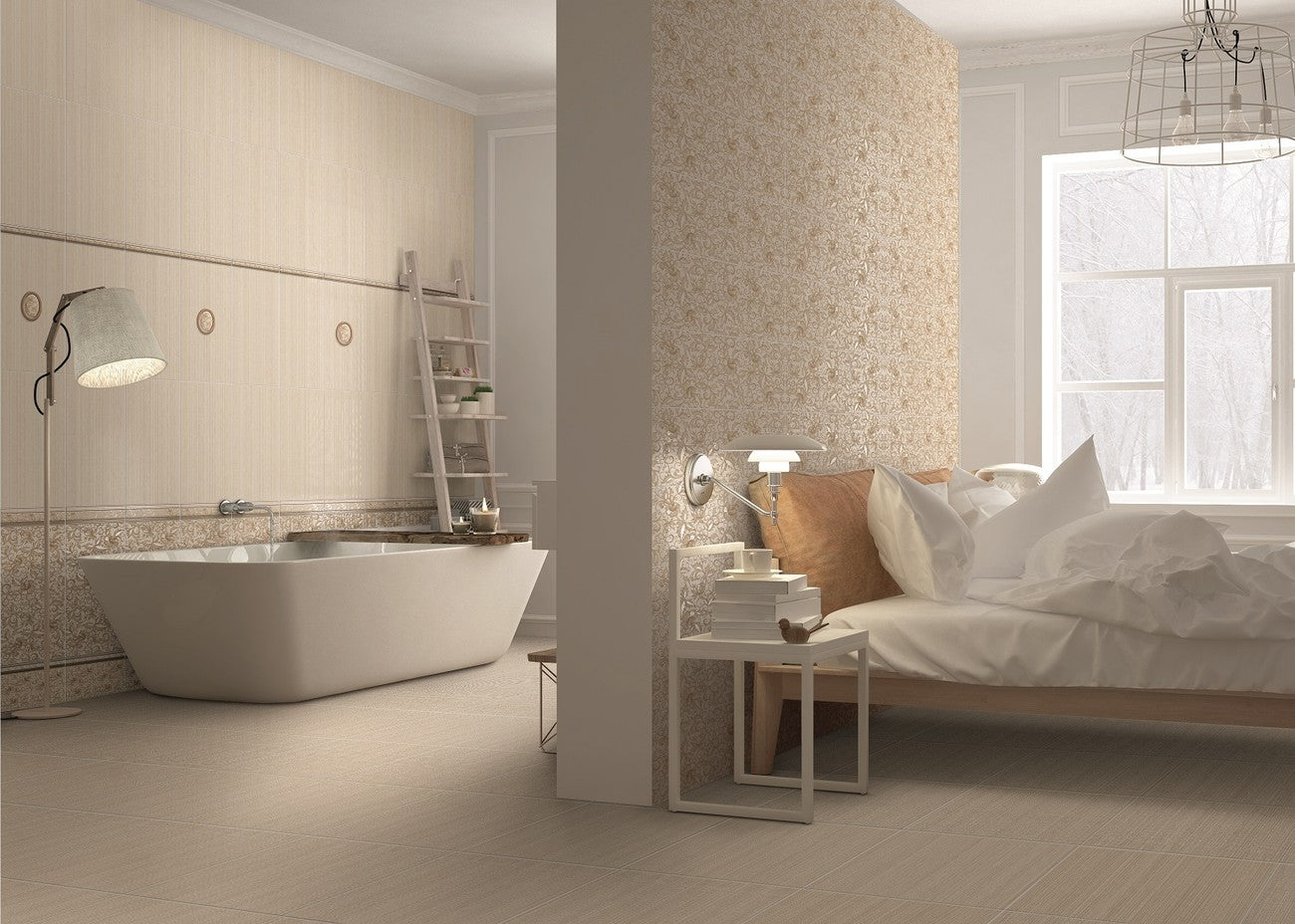 Баня Mure 23.5x58 см. - елегантни плочки Mure в баня със свободностояща вана и спално кътче, KERANOVA онлайн магазин