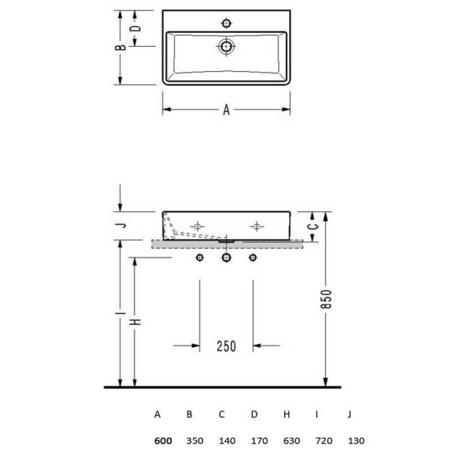 Мивка Minimal 2046 60х35 см. технически чертеж с размери за монтаж - онлайн магазин за обзавеждане за бани KERANOVA