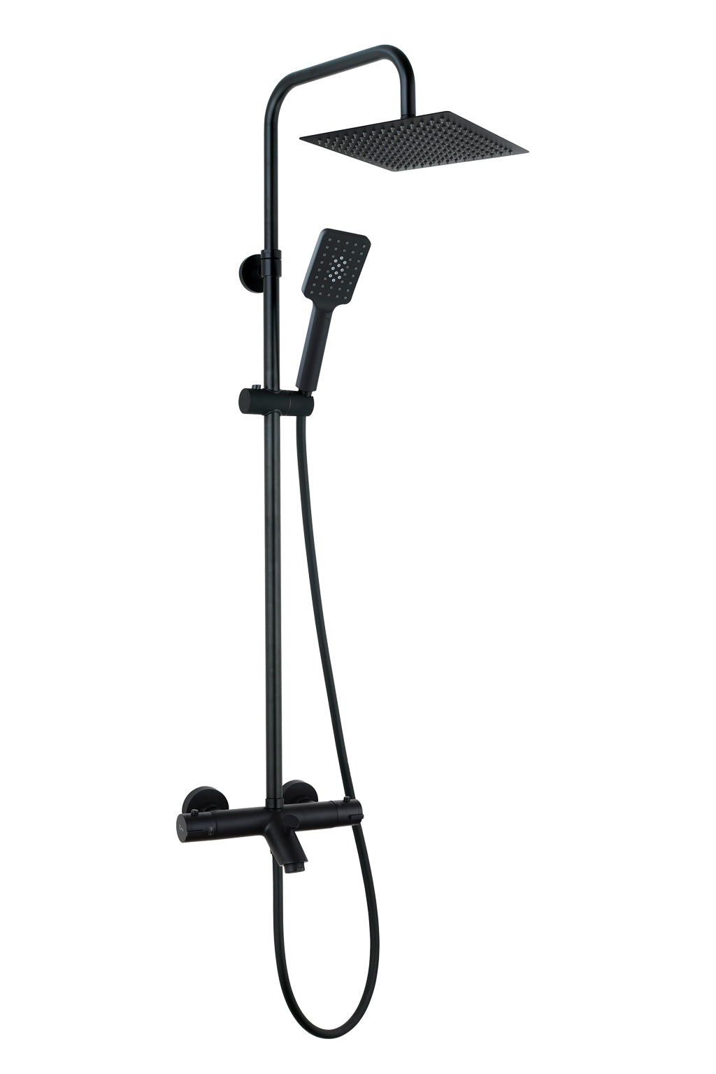 Термостатична душ колона с чучур Nite SQ - Aquagrif в черен мат за баня, душ пита 25x25 см, ръчен душ и термостатичен месингов смесител