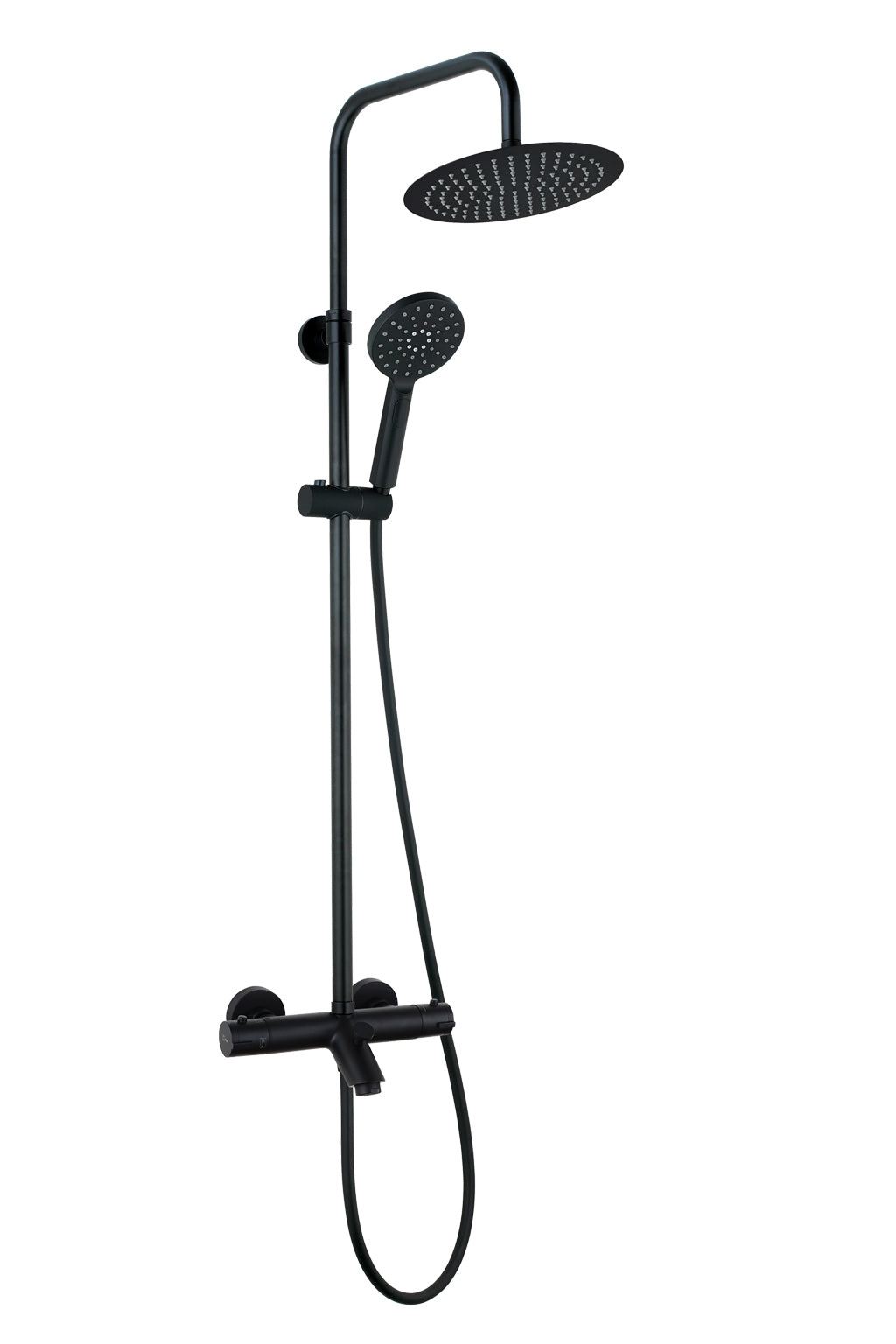 Термостатична душ колона с чучур Nite RD - Aquagrif в черен мат, душ пита Ø25 см, ръчен душ, телескопична 95-150 см | KERANOVA онлайн магазин