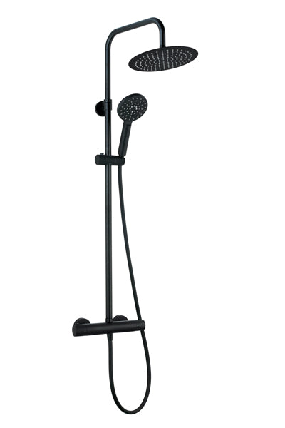 Термостатична душ колона Nite Matt Black - Aquagrif, матов черен комплект с 25 см метална пита, ръчен душ, телескопична стойка - KERANOVA