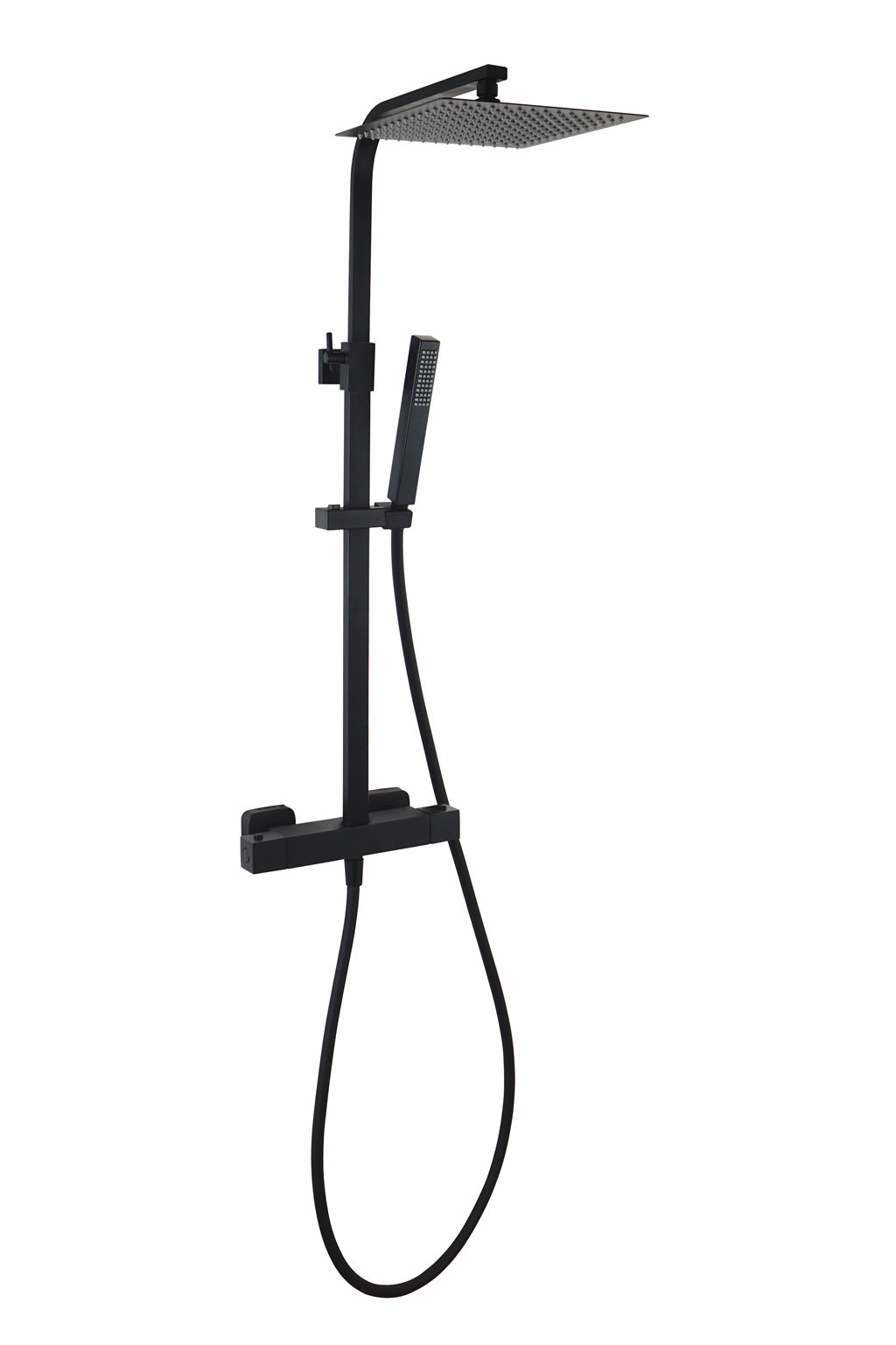 Термостатична душ колона QUS Matt Black - Aquagrif, матов черен комплект с 25x25 см душ пита, ръчен душ и термостатична батерия