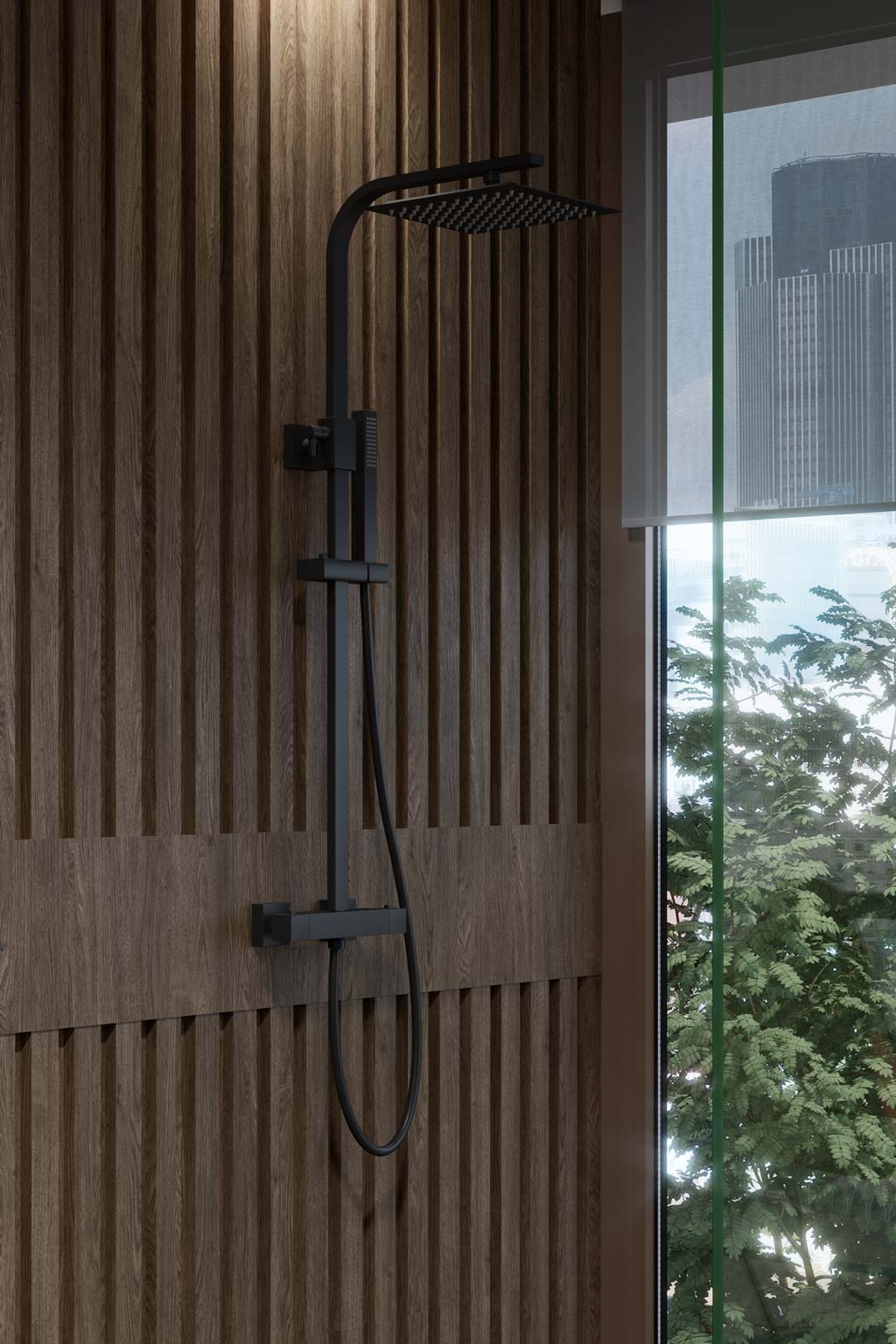 Термостатична душ колона QUS Matt Black - Aquagrif в матово черно със стенен монтаж и душ пита 25x25 см, онлайн магазин за обзавеждане за бани KERANOVA