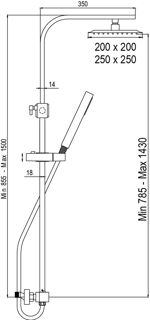 Термостатична душ колона QUS Matt Black - Aquagrif снимка с размери и монтажни височини за онлайн магазин KERANOVA