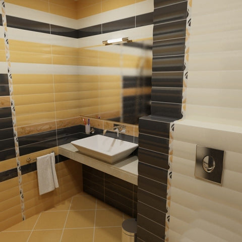 Плотове от технически камък в баня от онлайн магазин за обзавеждане KERANOVA – конзолен плот за мивка в съвременен жълто-кафяв дизайн