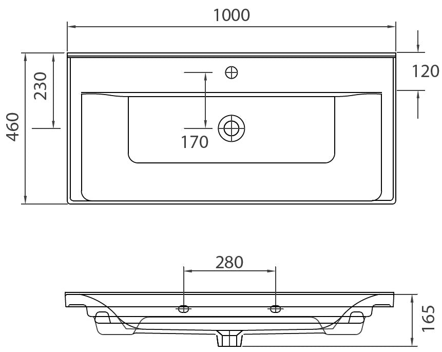 Мебелна мивка Sava 100x46 см. - технически чертеж с размери 1000x460x165 мм, отвор за смесител, онлайн магазин за обзавеждане за бани KERANOVA