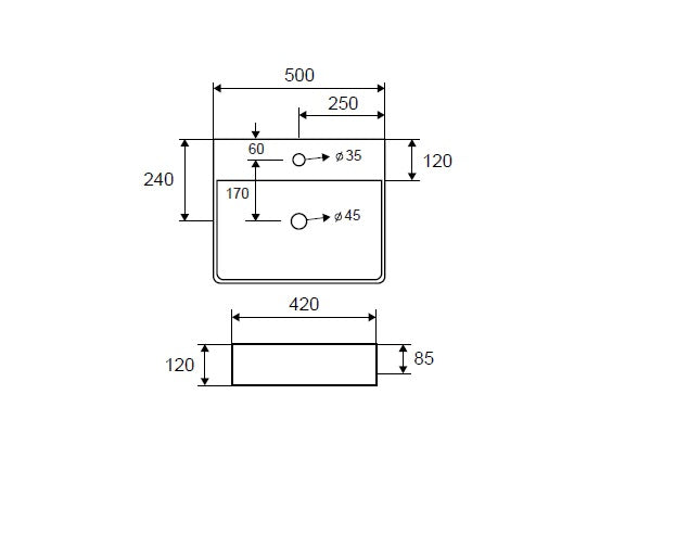 Мивка LT 2173-SMDG - сив мат, монтаж върху плот 50x42x12 см, технически чертеж с размери, онлайн магазин KERANOVA