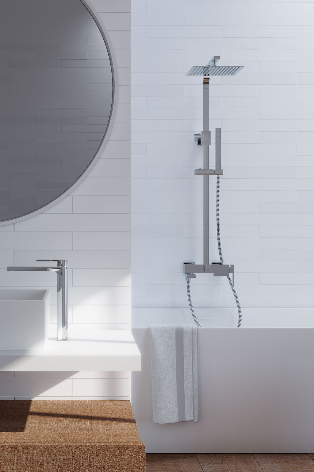 Душ колона с чучур BEL - Aquagrif в съвременна бяла баня, телескопична 78-143 см, метална пита 25x25 см, онлайн магазин KERANOVA